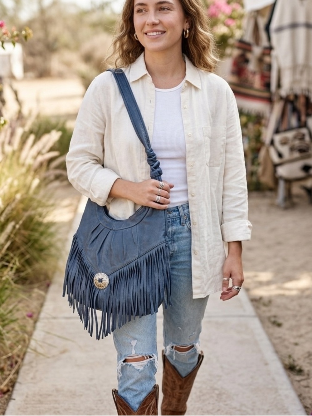Vintage Blue Leather Fringe Hobo Bag Concho Western Boho Made in Mexico